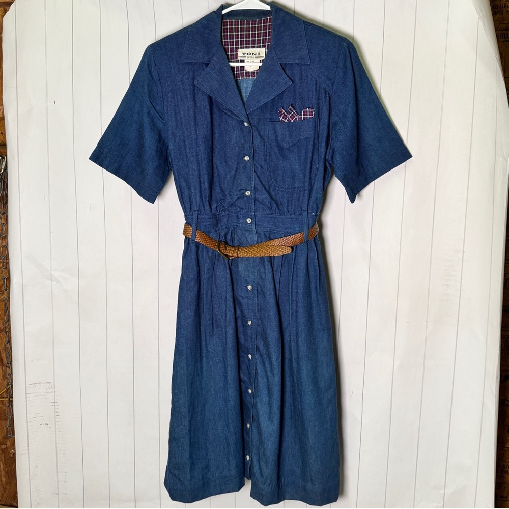 VTG 70s 80s TONI Petite 8P Denim Midi Belted Jean Dress Teacher Secretary‎ Retro
